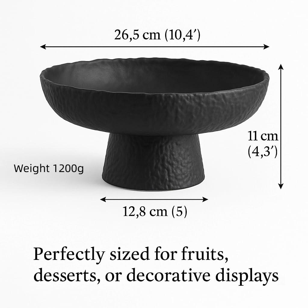 Fruit Bowl for kitchen decor Counter, 10.4‘’Large Decorative Bowl, Modern Display key bowls, High Foot Serving Blows with Irregular Edge Design, High-Temperature Fired Thickened Glass Bowl, Black