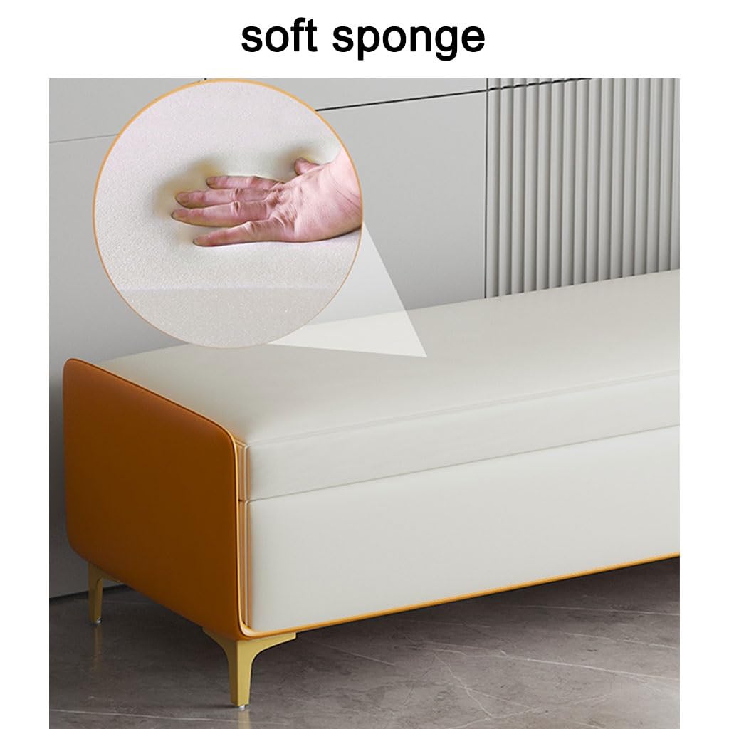 LMMIAMZ Luxury Leather Ottoman Bench Stylish Storage Footrest with Gold Legs Versatile Shoe Cabinet & Hidden Compartment Chic Yellow & Grey Design 100cm