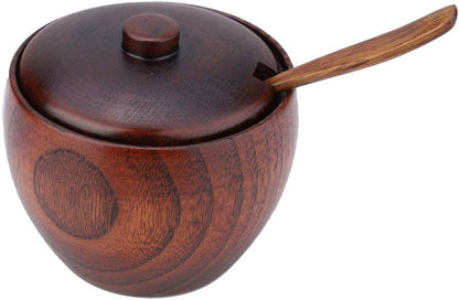 Solid Wood Jar Seasoning Pot with Spoon and Lid for Kitchen Storage Organizer