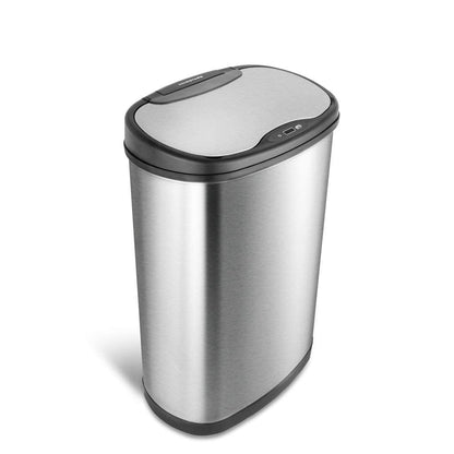 Ninestars 13 Gallon Oval Automatic Trash Can, 50L Touchless Motion Sensor Garbage Can with Odor-Sealing Lid & One-Touch Manual Mode, Silver Stainless Steel, Black Trim