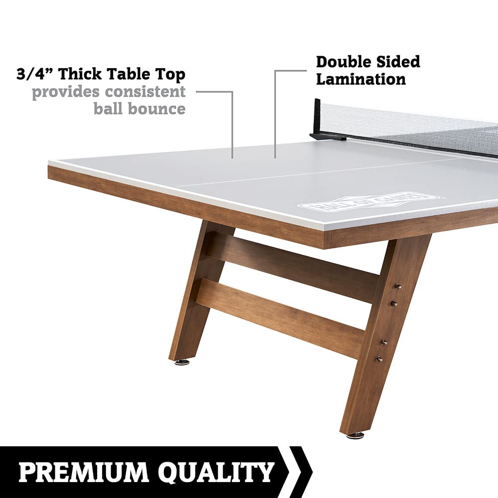 Hall of Games Ping Pong Table, 9ft x 5ft Official Size, 18mm Water-Resistant Gray Top, 2-Piece with Metal Braces, Woodgrain Legs, 2.5in Adjustable Leg Levelers, Clip-On Net, and Easy Assembly