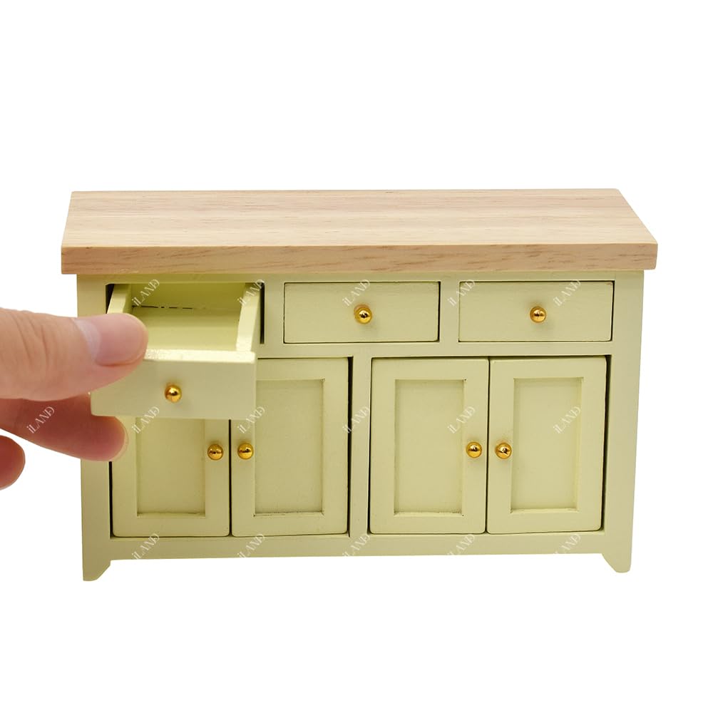 iLAND Dollhouse Furniture Miniature Cabinet for 1:12 Scale Accessories Wooden Dollhouse Kitchen Furniture Mini House Modern Décor Storage Cabinet with Drawers Classic Cupboard for Living Room Bedroom