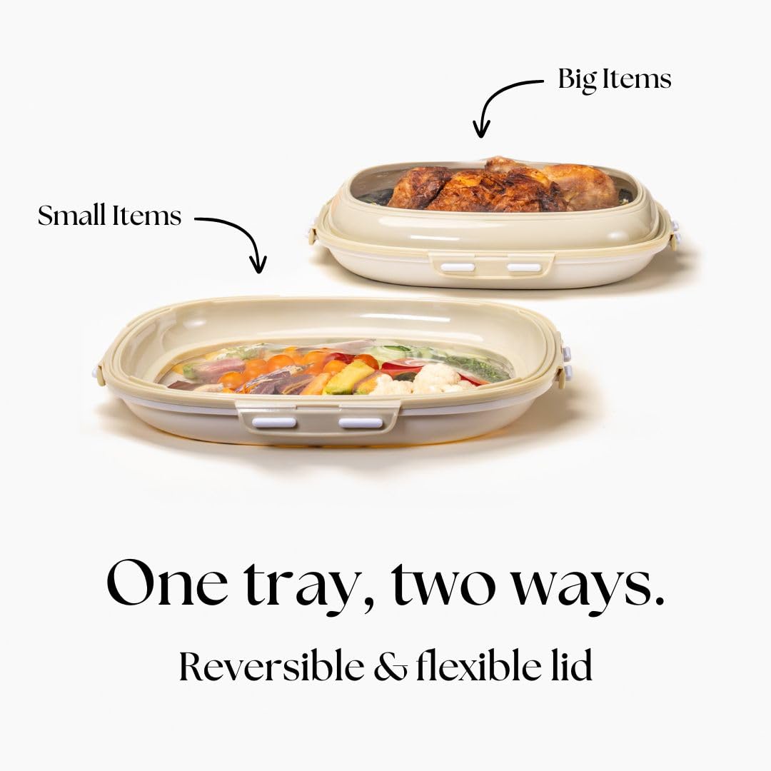 Crudités | Portable Snack Tray | Square 2-Pack | Cream White | Reversible Stretch Lid Food Containers | BPA-Free, Freezer & Dishwasher Safe | Meal-Prep, Charcuterie, Salads, Picnic, Travel