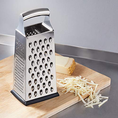 Amazon Basics Rectangular 4-Sided Box Cheese Grater and Shredder, Stainless Steel, Handheld, for Vegetables, Zester, Non-Slip Base, Dishwasher-Safe, 9 inch, Black