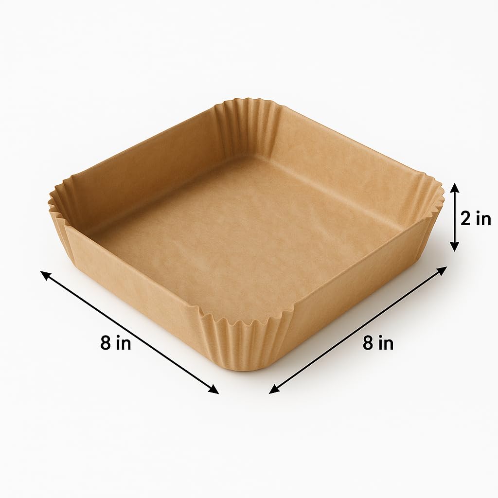 BakeBarn 8 Inch Square Pre-Formed Parchment Paper, Plastic Free Packaging, Natural Unbleached Food Grade Non-Stick Liners, High Heat Safe, Designed in USA, 50 Sheets