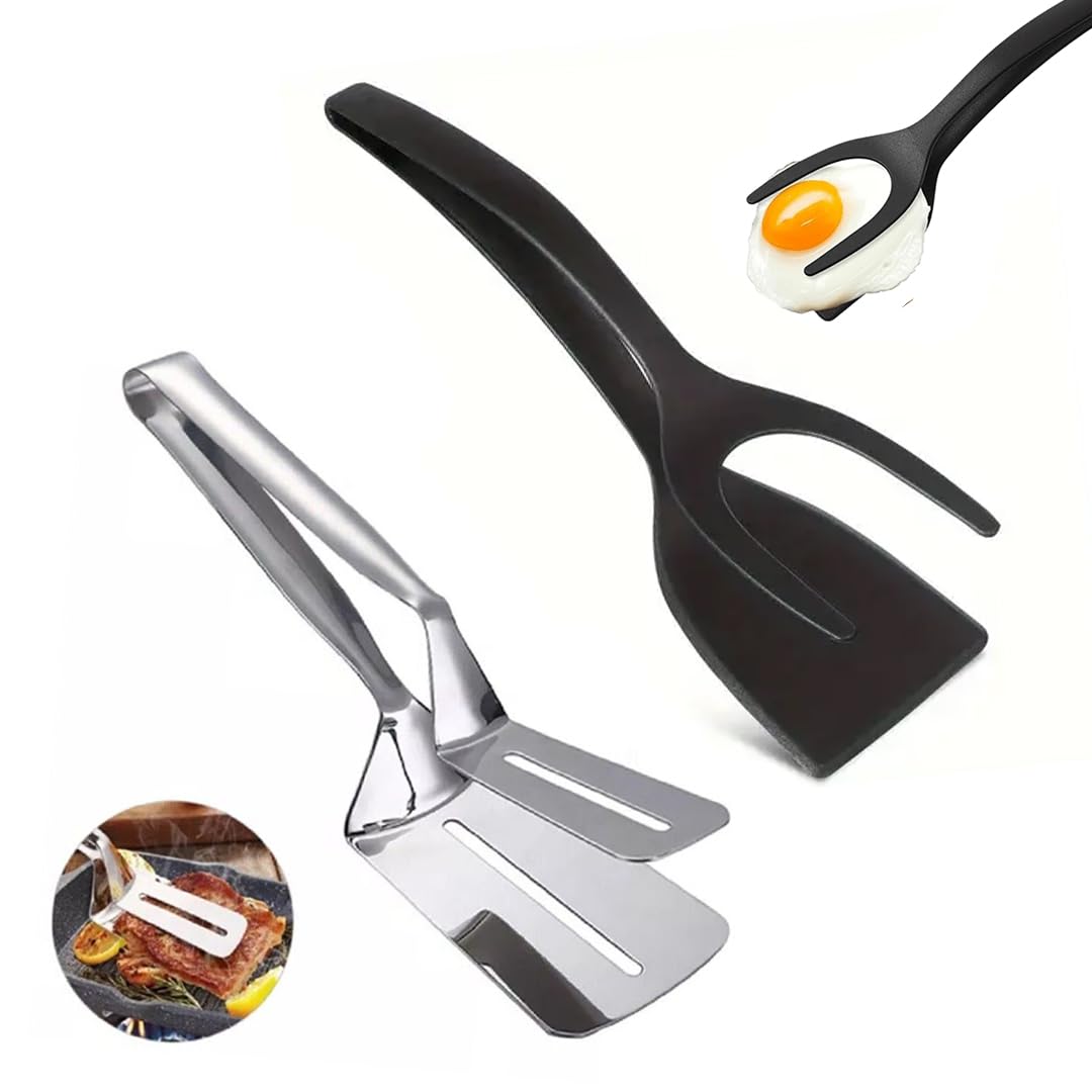 Kitchen Spatula Set of 2, Black Nylon Egg Flipper Turner- Pancake Spatula Stainless Steel, Dishwasher Safe, 2-Piece Multipurpose for Cooking, Breakfast and BBQ (2, Black and Silver)