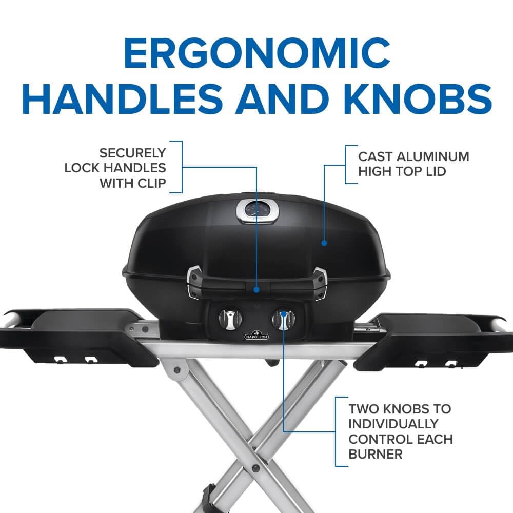Napoleon TravelQ PRO285X Portable Propane Gas Grill with Foldable Scissor Cart, Black, 2 Burners, Tailgating, Camping, and Small Outdoor Spaces