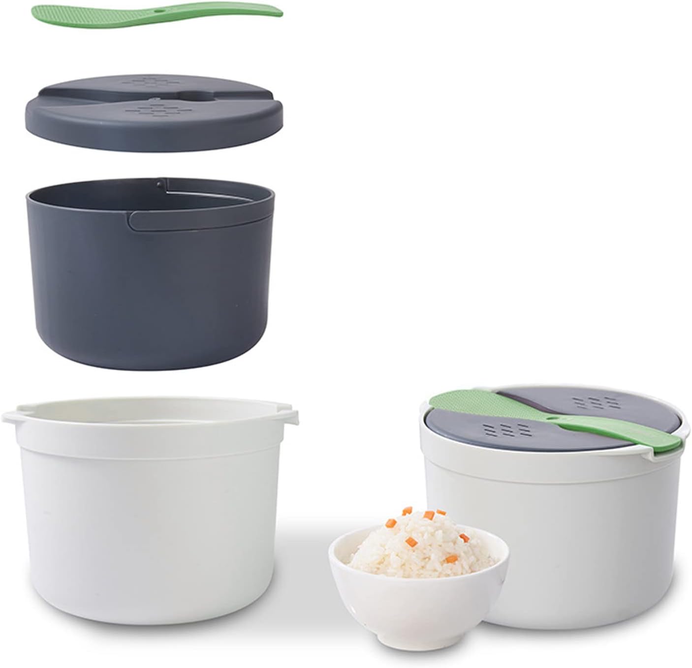 Microwave Rice Cooker Set, 2L Kitchen Cookware, Food Grade PP Material, Strainer Lid, Steaming Pot (Green)