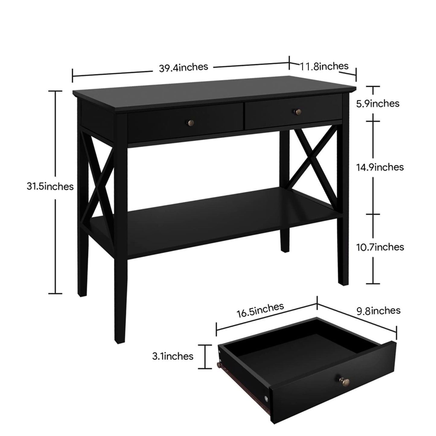 ChooChoo Console Table with Drawers, Narrow Wood Accent Sofa Table Entryway Table with Storage Shelf for Entryway, Front Hall, Hallway, Living Room, Black