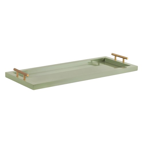Kate and Laurel Halsey Rectangle Decorative Narrow Tray with Gold Metal Handles; 24 x 10; Green and Gold; Modern Glam Slim Serving Tray with Handles for Living Room Decor
