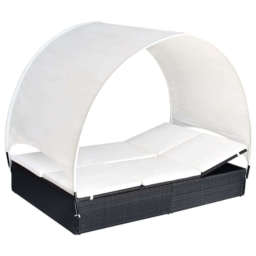 VGLQNRPT Double Sun Lounger with Adjustable Canopy, 2-Person Outdoor Patio Rattan Daybed with Cream Cushions, Weather-Resistant Garden Lounge Chair, Black
