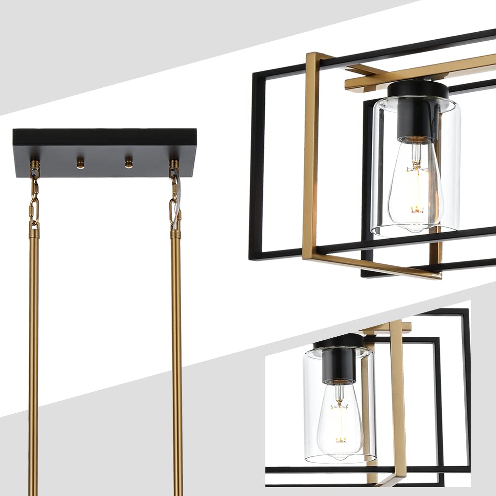 Lucidce 5-Light Farmhouse Chandelier Black and Brass Kitchen Island Lighting with Clear Glass Shades, Rectangular Chandeliers for Kitchen or Dining Room