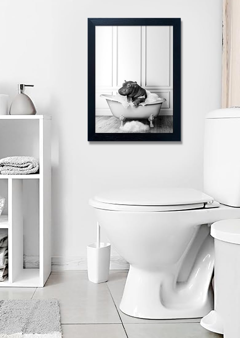 Bathroom Picture Wall Decor, Framed Black and White Bathroom Wall Art, Toilet Paper in Little Funny Raccoon's Hand Animal Canvas Print Painting