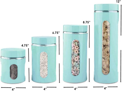 Kitchen Canisters Set for Countertop by Home Basics, Retro-Styled Stainless Steel and Glass, 4 Pieces (Turquoise)