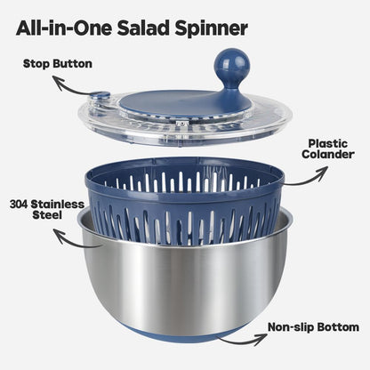 Stainless Steel Salad Spinner, 5.3 Qt Lettuce Spinner with Non-Slip Base, Drain and Stop Button, Fruit and Vegetable Washer and Dryer Spinner