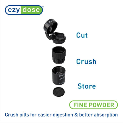 EZY DOSE 3 Compartment Pill Crusher, Cutter and Grinder, Daily Usage, Safely Cut Pills, Vitamins, Tablets, Accurate and Easy Cutting, Stainless Steel Blade, Removable Drinking Cup, Black, BPA Free