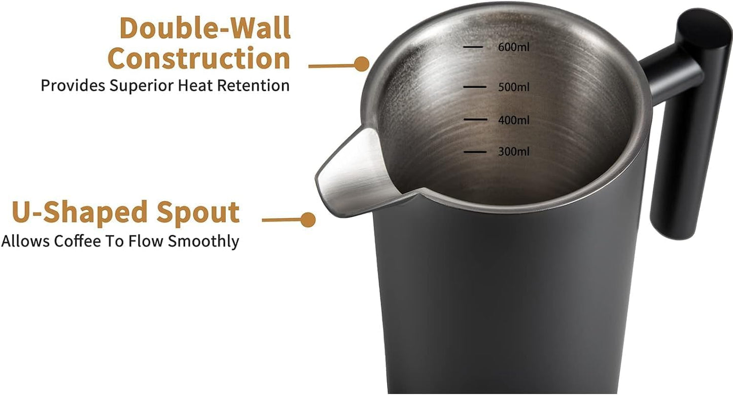 Miuly French Press Coffee Maker, 21Oz, Stainless Steel, 3 Level Filtration, Double Wall Insulated