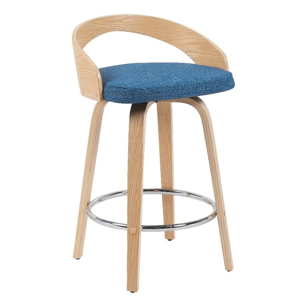 Sonia Modern Swivel Counter Height Bar Stool with Blue Upholstered Seat and Patterned Oak Wood Finish Set of 3