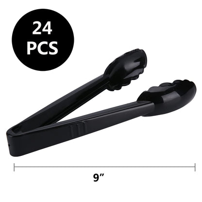 ICHROSAYA 24 Pieces Disposable Serving Tongs, 9" Heavy-Duty Plastic Utensils, BPA-Free, Scalloped Grip Salad Tongs, Perfect for Buffets, BBQ, Parties & Catering, Black