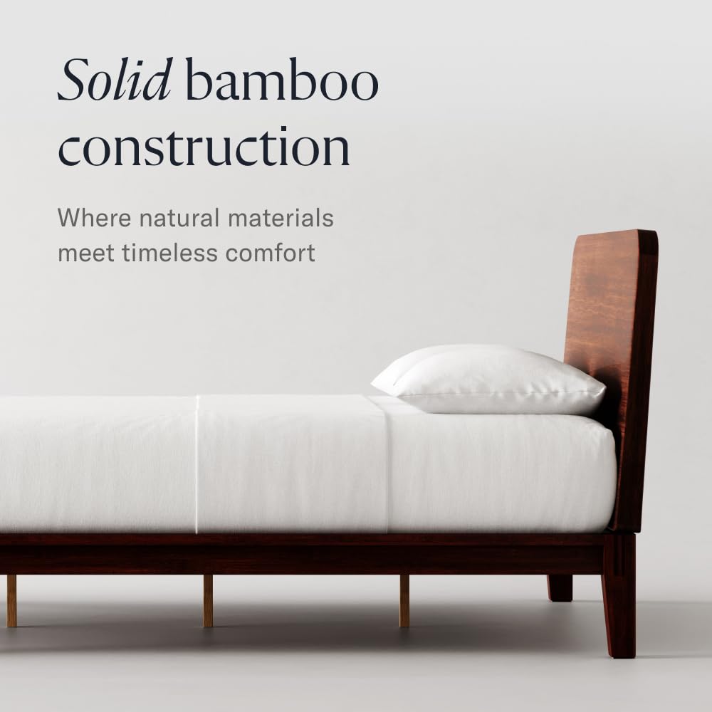 DreamCloud Bamboo Platform Bed Frame - Queen - Walnut - Floating Center Support Legs - 12” Height - Easy Tool Free Set Up - Contemporary - Sturdy Wooden Support Slats - Holds Up to 800 Pounds