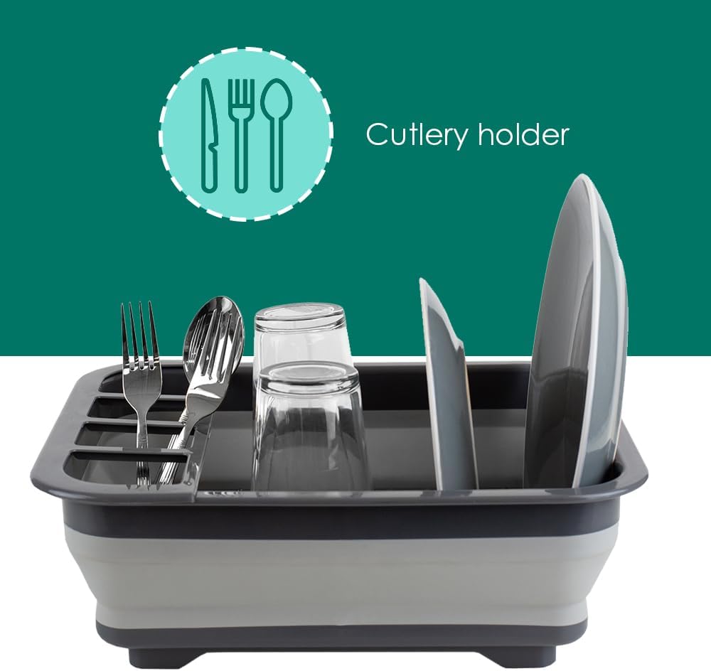 Home Basics Grey Silicone and Plastic Easy Storage Collapsible Dish Rack with Cutlery Holder