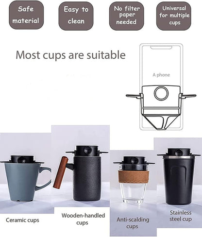 Portable Pour Over Coffee Maker, 1-2 Cup, Stainless Steel Coffee Filter, Reusable Mug Dripper for Home Office Travel