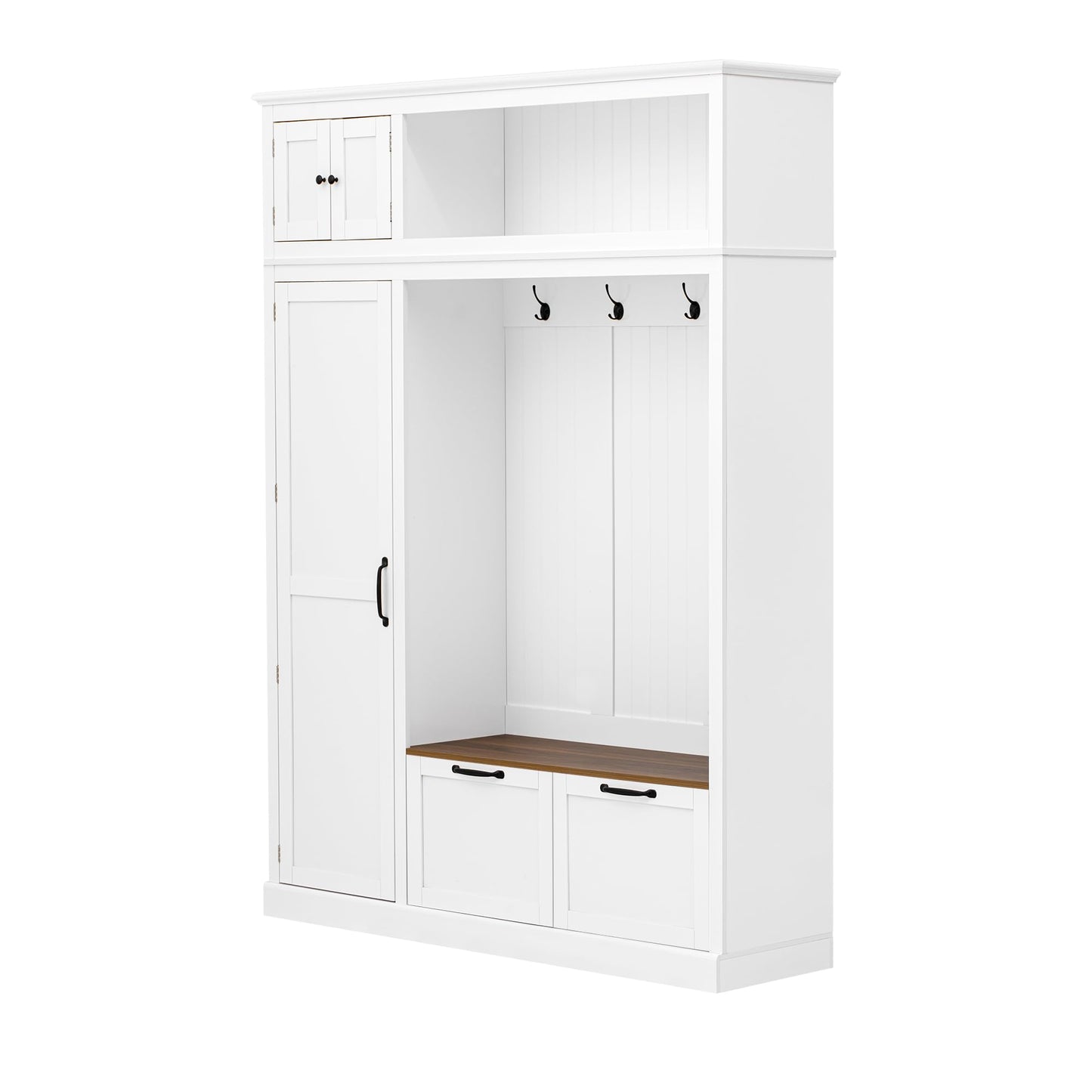 Merax 3-in-1 Hall Tree with Overhead Storage Cabinet, Adjustable Side Shelves,4 Hooks,2 Spacious Drawers,Grooved Back Panel Design, Contrasting Seat Bench,Multifunctional Entryway Organizer, White