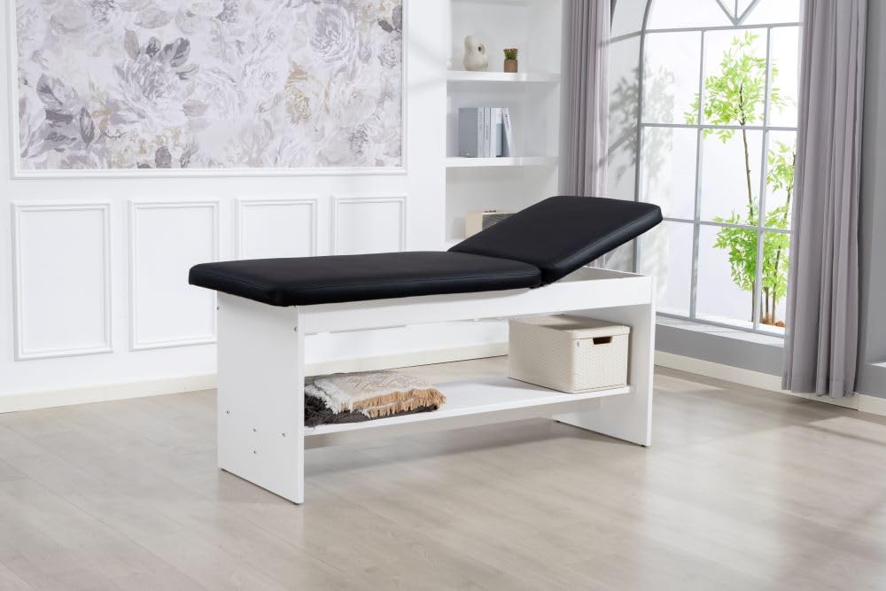 Carenovo Oak Wooden Medical Examination Table Non-Folding Professional Treatment Couch for Physiotherapy, Chiropractic & Clinic Use (Black, White)