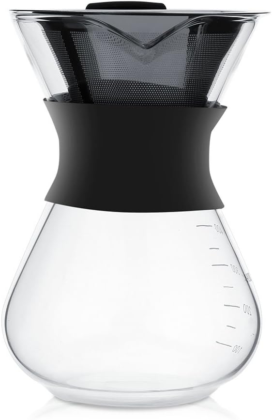 Zopsc 400ml Manual Hand Drip Glass Coffee Maker Pot with Stainless Steel Filter, Tick Marks, Fine Mesh, Suitable for