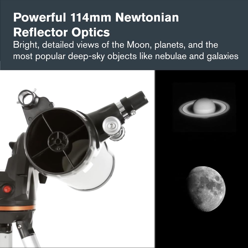 Celestron - 114LCM Computerized Newtonian Telescope - Telescopes for Beginners - 2 Eyepieces - Full-Height Tripod - Motorized Altazimuth Mount - Large 114mm Newtonian Reflector