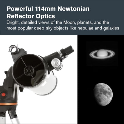 Celestron - 114LCM Computerized Newtonian Telescope - Telescopes for Beginners - 2 Eyepieces - Full-Height Tripod - Motorized Altazimuth Mount - Large 114mm Newtonian Reflector