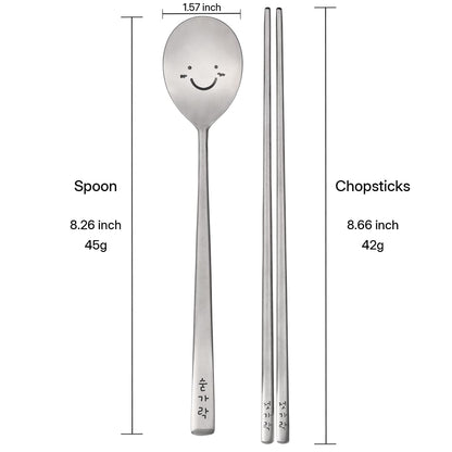 BAPMOO Korean Cute Happy Spoon and Chopsticks Set Long Handle Stainless Steel Good for Gift Hangul Characters Engraved Silver