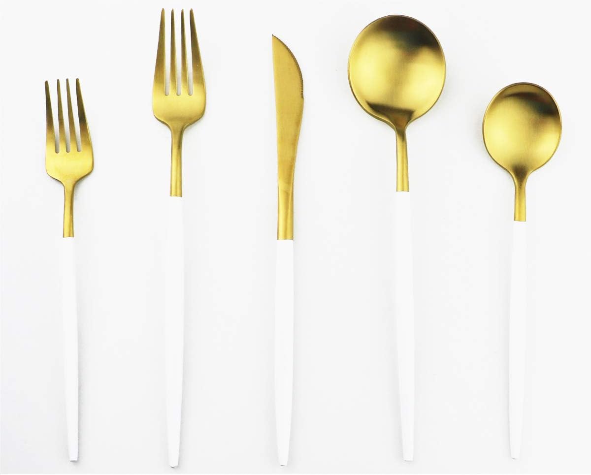 White Gold Flatware Set, 5 Piece Matte White Handle 18/10 Stainless Steel Tableware for 1, Camping Utensils