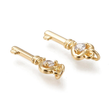 Ipotkitt 10 Pcs Brass Micro Pave Cubic Zirconia Heart Key Charms Golden Clear Hanging Ornaments Skeleton Key Charms for DIY Bracelet Necklace Earrings Making