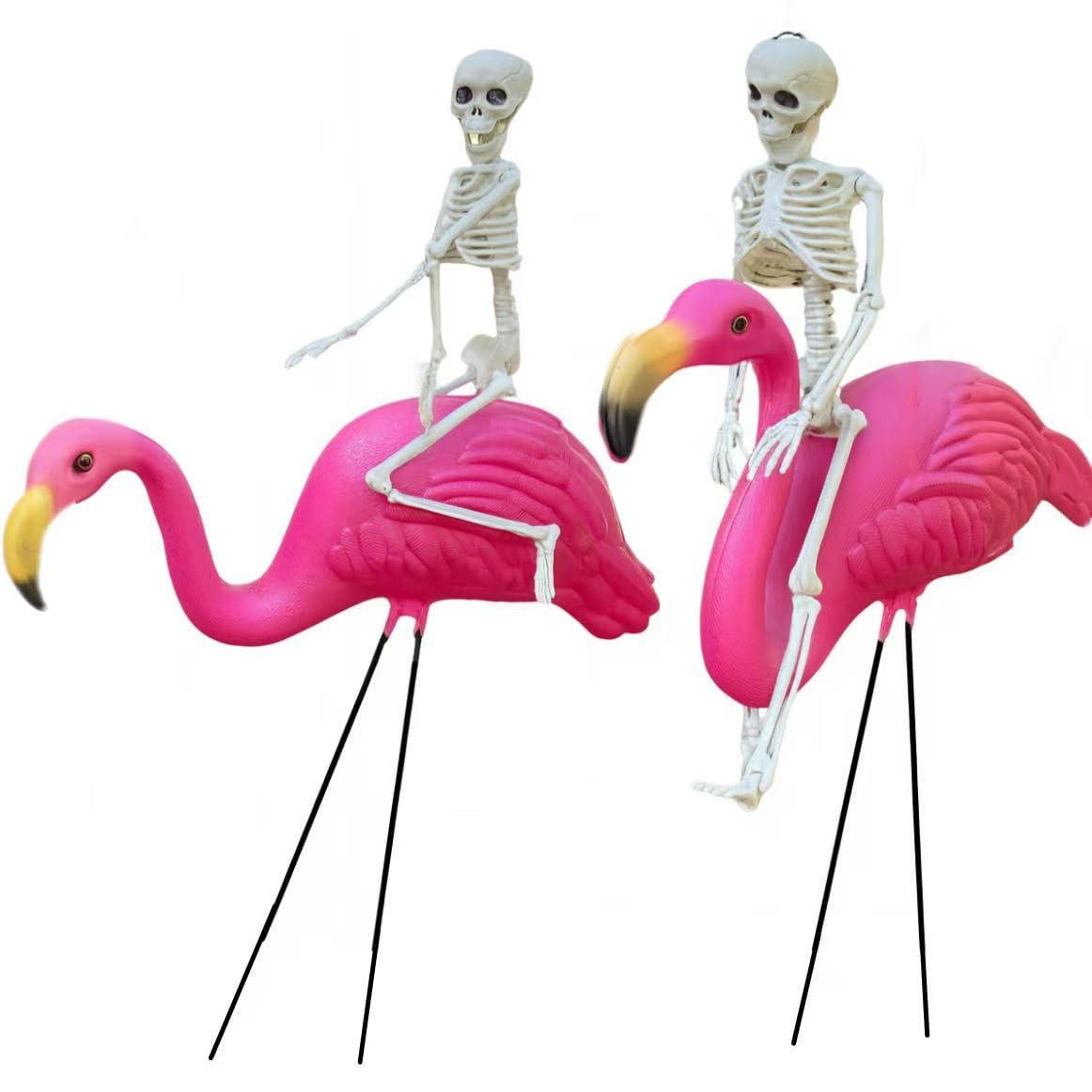 GiftExpress 2-Pack Posable 16" Skeletons + 2-Pack 26" Pink Flamingo Lawn Ornaments Halloween Outdoor Yard Decorations, Spooky Halloween Graveyard