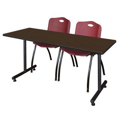 Regency Kobe 60 x 24 in. T-Base Training Seminar Table- Neo Walnut, 2 M Stack Chairs- Burgundy