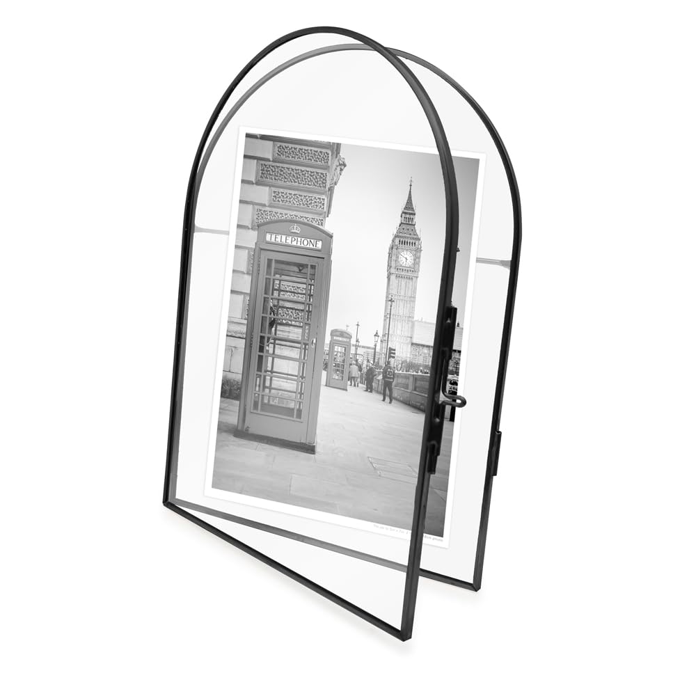 Isaac Jacobs 5x7 Vintage Style, Arched Brass & Glass Metal Floating Picture Frame with Locket Closure (Vertical), Made for Tabletop Display (5x7 Vertical, Black)
