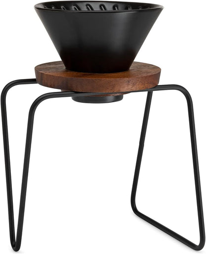 ChefWave Artisan Series Pour-Over Coffee Maker Set, 1-2 Cup Personal Size with Ceramic Cone, Wood Ring, Stainless Steel