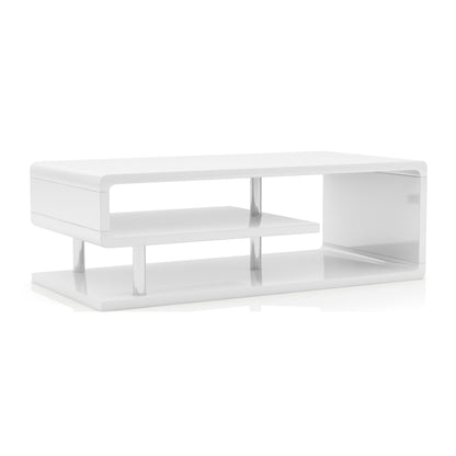 24/7 Shop At Home Vannie 47” Modern Rectangle Coffee Table, Contemporary Furniture, G-Shaped Open Shelf Storage For Living Room, Home Office, Bedroom, Gloss Coating, Round Edge, White