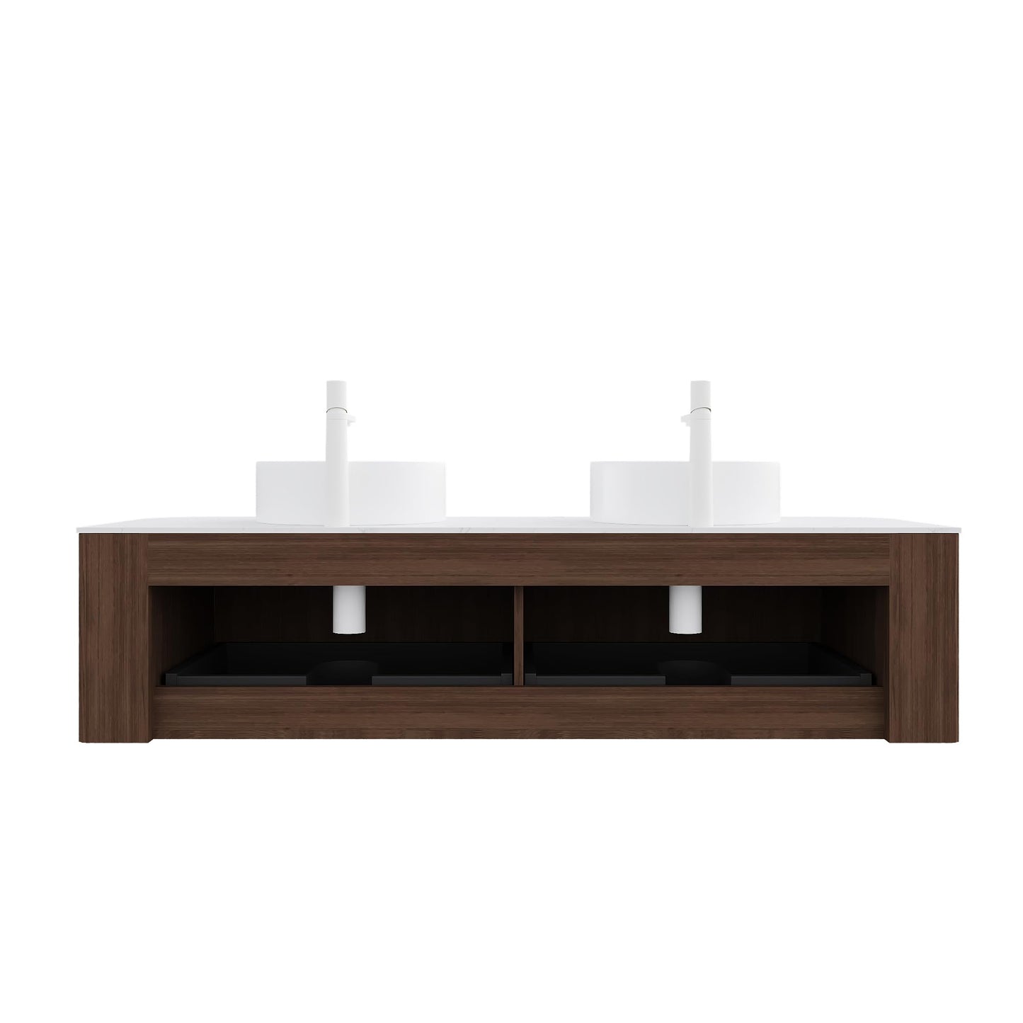 KEIKI 60" Floating Bathroom Vanity with Sink, Double Basin Wall Vanity Cabinet with Curved Edges, 2 Soft-Close Drawers, Pre-Assembled Bathroom Storage Vanity, Walnut
