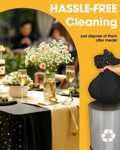 Niuara Table Cloth Set - Black and Gold Disposable Rectangle Table Cover & Runner - 3+3 Pack for Events