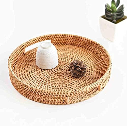 14 inch 2.4 inch) Coffee Table Tray Round Rattan Ottoman Tray Woven Serving Trays with Handles for Home and Kitchen