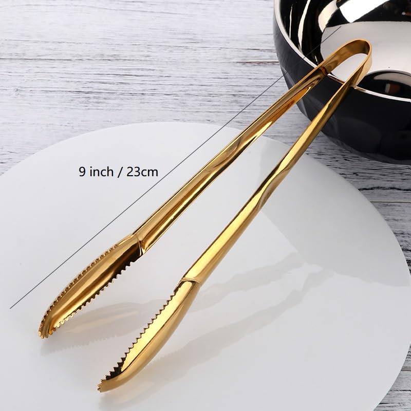 BYEGOU 6 Pieces Stainless Steel Food Serving Tongs, 9-Inch Gold Kitchen Tongs with Non-Slip Serrated Tips, Ideal for Buffet, BBQ, Restaurant, Party, Kitchen Home Use, Dishwasher Safe