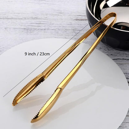 BYEGOU 6 Pieces Stainless Steel Food Serving Tongs, 9-Inch Gold Kitchen Tongs with Non-Slip Serrated Tips, Ideal for Buffet, BBQ, Restaurant, Party, Kitchen Home Use, Dishwasher Safe