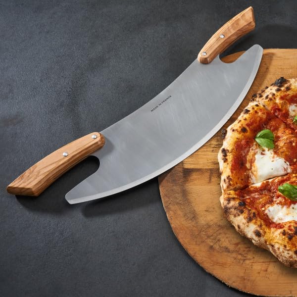 17” Pizza Cutter Rocker Blade - Stainless Steel Slicer with Double Olivewood Handles for Easy Cutting - Large Mezzaluna Chopper - Pizza Oven Accessories by Classic Cuisine