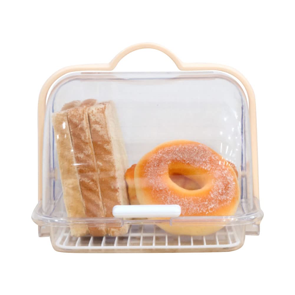 BAOZOON Portable Bread Box with Handle and Transparent Lid Loaf Cake Storage Carrier with Removable Drain Rack Food Storage Container for Pastries Donuts Buns Fruits(Apricot Handle)