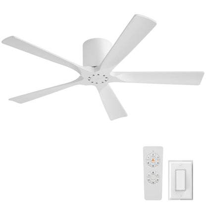 LEDLUX 52 Inch Flush Mount Ceiling Fan No Light - 5 Solid Wood Blades, 6-Speed Reversible DC Motor, Noiseless Low Profile Ceiling Fan without Light for Bedroom Living Room, White