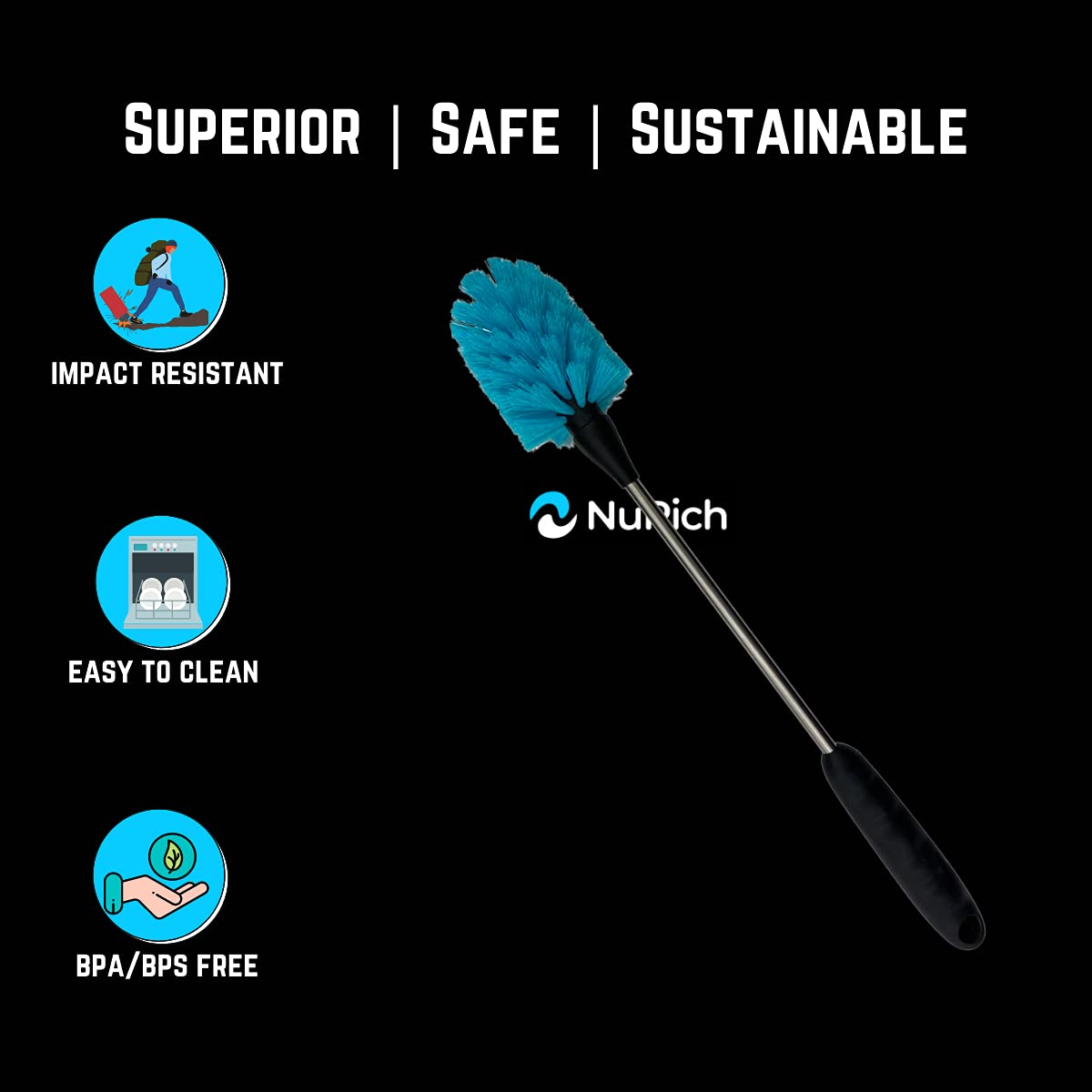 NuRich Long Bottle Brush for Water Bottles - Heavy Duty Stainless Steel Cleaning Brush with Non-Slip Grip, Compatible with Hydro Flask, Yeti, Nalgene, Owala & More Reusable Bottles