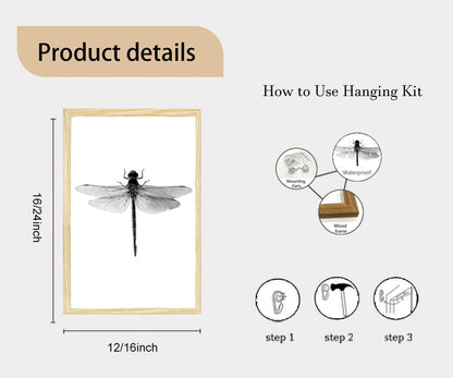 2pcs Black and White Minimalist Wall Art Modern Hummingbird Dragonfly Poster Print, Scandinavian Japandi Style Nature Picture Painting, Neutral Bedroom Living Room Wall Decor 12x16 Inches