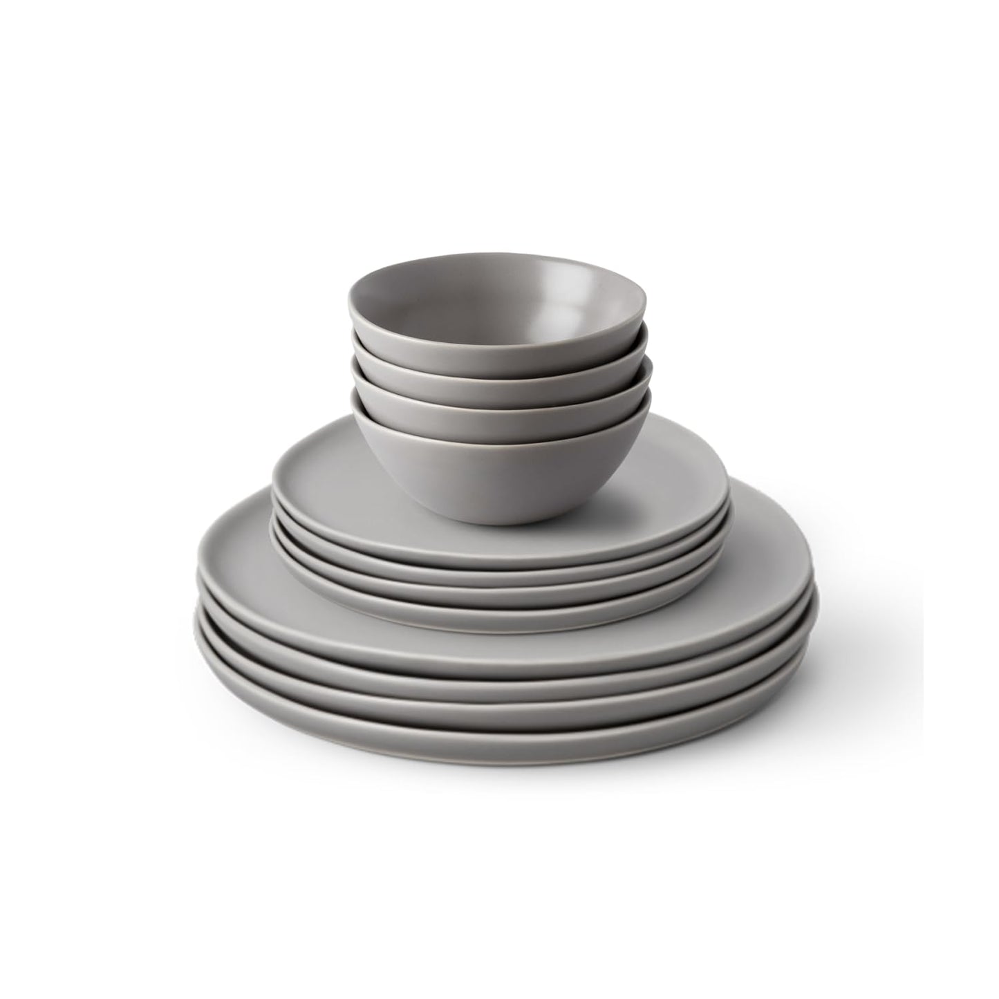Fable Dinnerware Set - Includes 4 Each of The Dinner + Salad Plates, and The Breakfast Bowls - Dishwasher Safe, Durable Stoneware Ceramic Plates and Bowls - Dove Gray